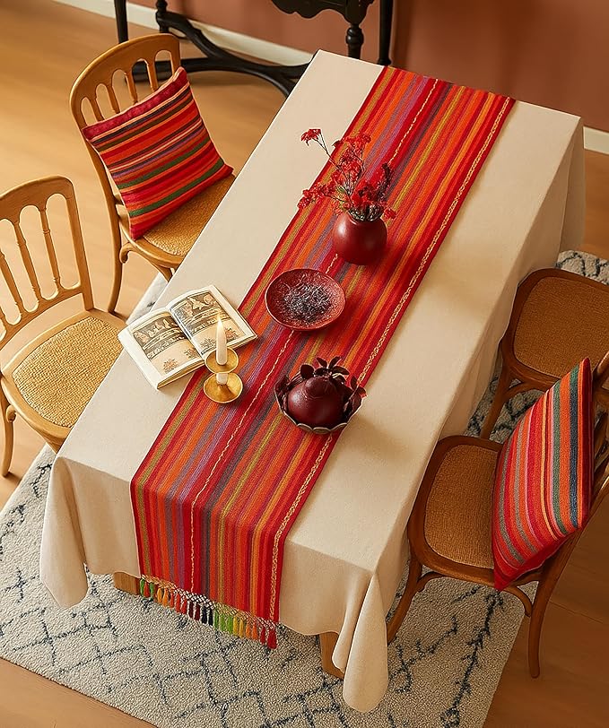 PurpleEssences Table Runner - Wide with Dobby Stripe, Heavy Ribbed Weave & Double Knot Fringes, 14x90 Inch (14x95.5 with Fringes) Boho Farmhouse Decor - Christmas Holiday Winter - Spice