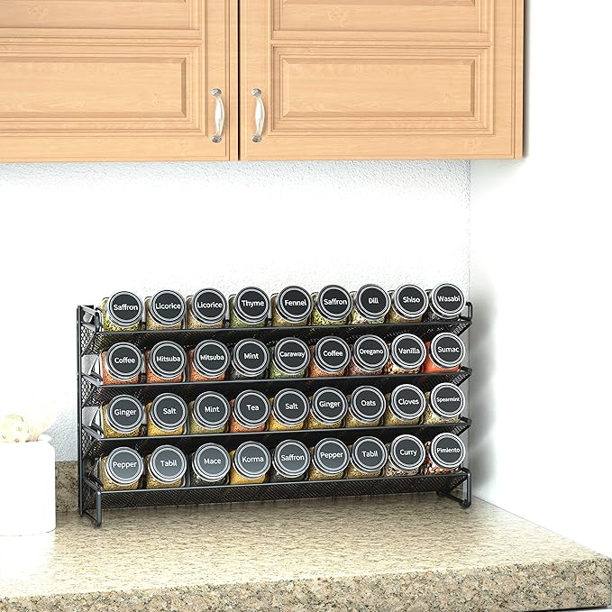 SpaceAid Spice Rack Organizer with 36 Spice Jars, 386 Spice Labels, Chalk Marker and Funnel Set for Cabinet, Countertop, Pantry, Cupboard or Door & Wall Mount - 36 Jars, 17.2" W 횞 10.8" H, Black