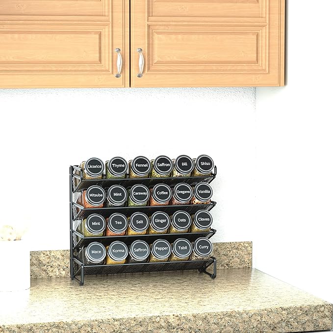 SpaceAid Spice Rack Organizer with 24 Spice Jars, 386 Spice Labels, Chalk Marker and Funnel Set for Cabinet, Countertop, Pantry, Cupboard or Door & Wall Mount -24 Jars, 11.8" W 횞 10.8" H, Black
