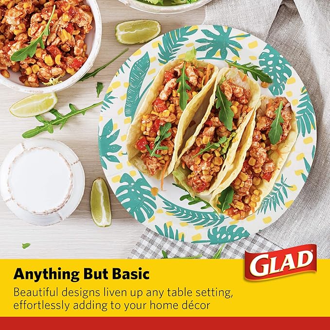 Glad Round Disposable Paper Plates, Palm Leaves Pattern - Strong, Sturdy, Soak Proof, and Microwavable Decorative Plates for Dinner and Everyday Use, 8.5 Inch, 50 Count