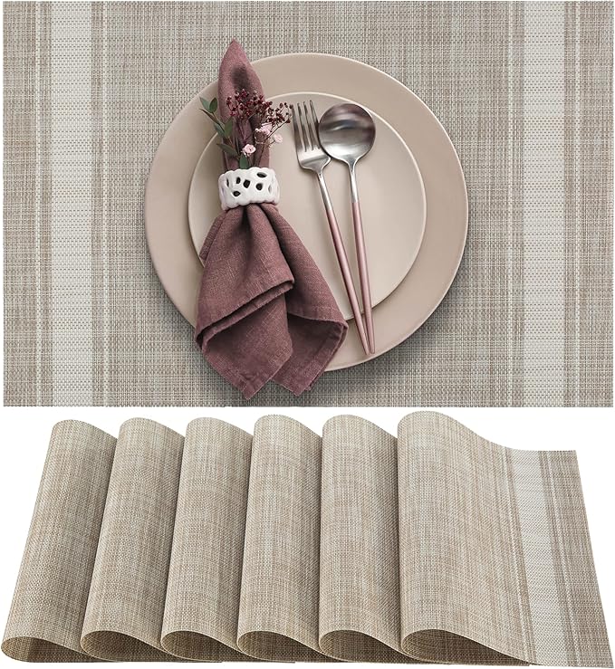 More D챕cor Dining Table Placemats, Washable Heat-Resistant PVC Vinyl Table Mats for Dining Room and Kitchen, Anti-Slip - Set of 4 - Vertical Striped White - Grey