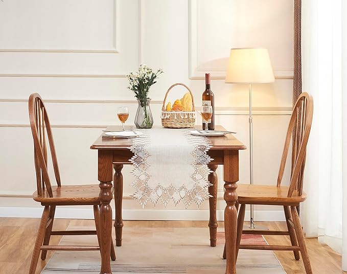Raedan Natural Linen Table Runner 48 inches Neutral Earth Tones Beige Lace Coffee Table Runners Dresser Scarf for Spring Easter Summer Kitchen Wedding Party, Machine Washable (Natural, 16?쓝48??