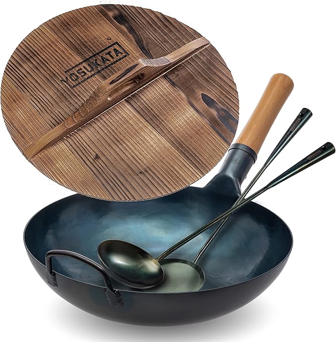 YOSUKATA 13.5??Blue Carbon Steel Wok Pan + Pre-Seasoned Blue Carbon Steel 17-inch Spatula and Ladle + Premium Wok Cover 13.5 inch Pan Lid