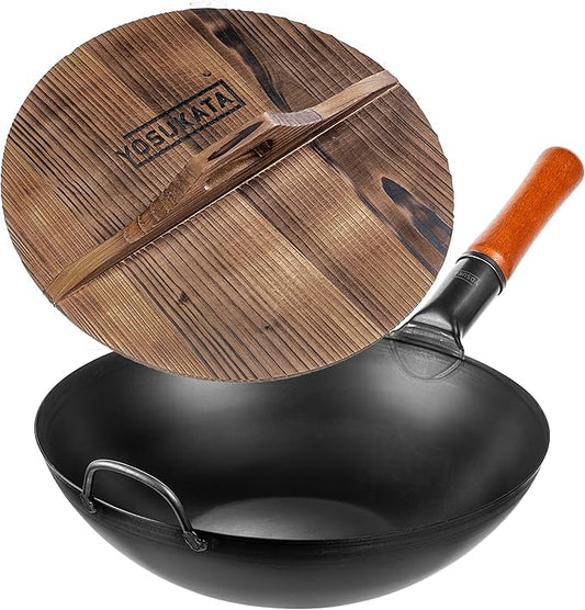 YOSUKATA Carbon Steel Wok Pan 13,5??with Premium Wok Cover 13,5 inch Pan Lid