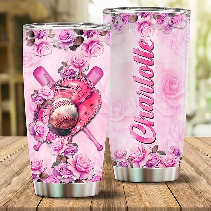 Personalized Baseball Tumbler for Mom, 20oz Insulated Stainless Steel Travel Mug Coffee Cup, Gift for Baseball Lovers, Women, Wife, Daughter, Christmas, Birthday, Mother's Day, Valentine