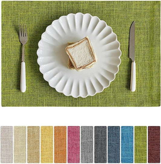 Softalker Faux Linen Placemats Set of 12-12 x 18 Inch, Heat Resistant Double Layered Durable Burlap Farmhouse Place Mats, Non-Slip Washable Rustic Table Mats for Dining, Kitchen, Party竊뉽ime Green