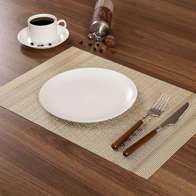 Leetaltree Stardust Yellow Placemats Set of 8 - Heat Resistant Non-Slip Place mats for Dining Table, Washable Durable PVC Vinyl Woven Table Mats（Stardust Yellow, 8）
