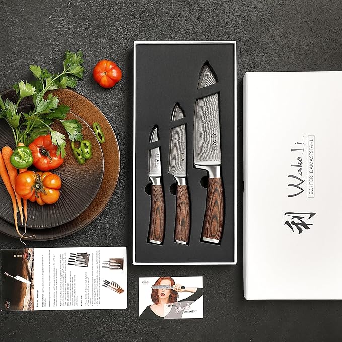 Wakoli EDIB 3-Piece Damascus Knife Block Set with Magnetic Knife Block ??Chef Knives Set with 3.4" - 6.7" Blades, 67-Layer Damascus Steel (VG10 Core), Kitchen Knives with Pakkawood Handles
