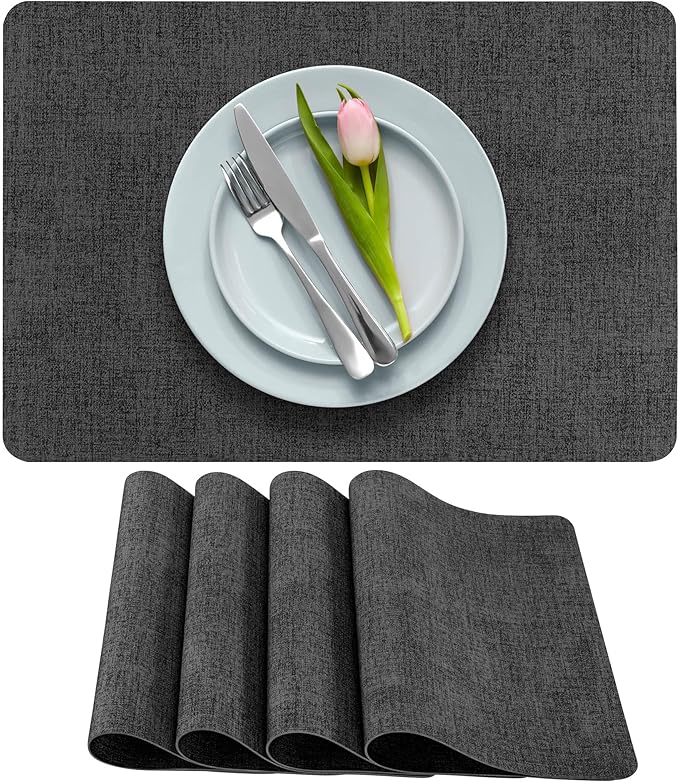 More D챕cor Faux Leather Placemats Set of 4 for Dining Table ??Waterproof, Wipeable, Washable, Stain & Heat Resistant, Non-Slip Table Mats ??12 X 17 Inch, Dark Grey