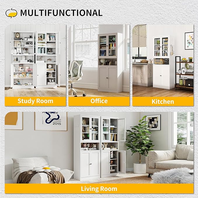 Kitchen Pantry Cabinet with Glass Doors, 72" Metal Storage Cabinet with 4 Adjustable Shelves, Kitchen Pantry with Hooks for Home, Living Room, Assemble Required (White)