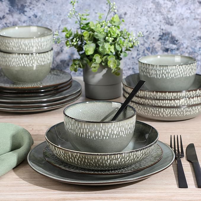 Gibson Elite Matisse 16-Piece Double Bowl Dinnerware Set, Service for 4 ??Green Stoneware Plates and Bowls