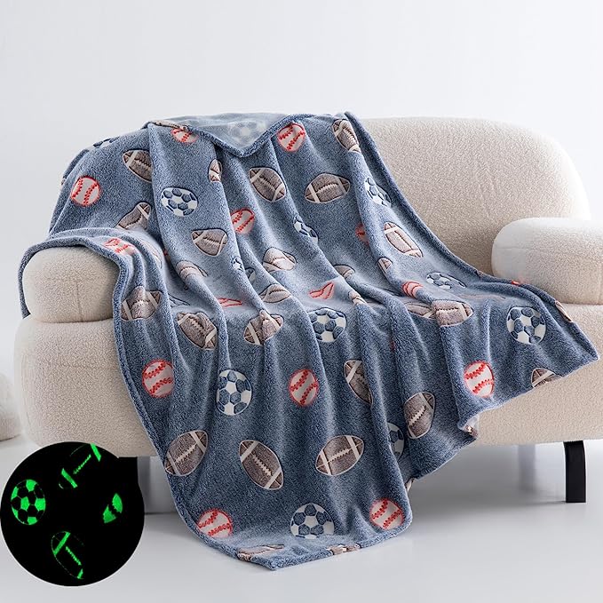 QSTEHEML Soccer Glow in The Dark Blanket,Football Gifts Toys for Kids Boys Age 3-12 Years Old,Birthday, for Toddler, Teen, Son, Soft Luminous Throw Blanket 50"횞60"
