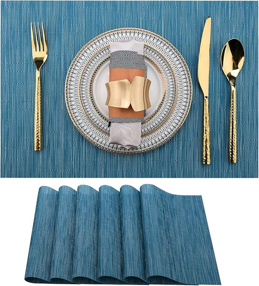 SLKQG Vinyl Placemats Set of 6 - Easy Clean Place Mats - Washable Heat Resistant Table Mats for Dining Table - 17x12 Inch (Sky Blue Turquoise, 6)