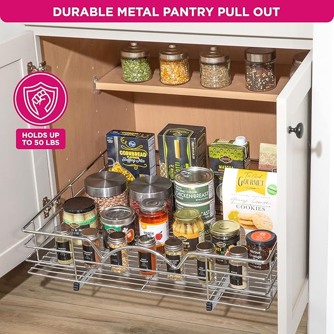 HOLDN??STORAGE Heavy-Duty Premium Collection Pull Out Cabinet Organizer, Cabinet Drawer Slide Outs, Lifetime Limited Warranty - Basket Size 28" W x 21" D x 5" H, Anti-Rust Chrome Finish