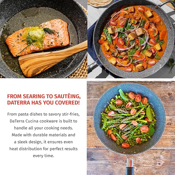 DaTerra Cucina Nonstick 3-Skillet Bundle ??9.5" and 13" Fry Pans, 11" Fry Pan with Glass Lid, Oven Safe, Nonstick Cookware, PTFE & PFOA Free, Durable Ceramic Coating - Made in Italy, Volcanic Black