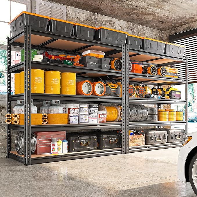 REIBII 48" W Garage Shelving 3020LBS Storage Shelves 5 Tier Industrial Shelving Adjustable Metal Storage Shelves for Garage, Basement, Warehouse, Commercial, Easy Assemble, 48" W x 72" H x 24" D