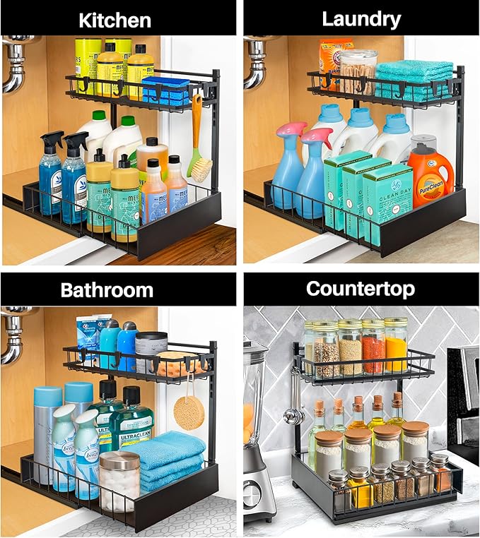 LYNK PROFESSIONAL짰 Pull Out Under Sink Kitchen Cabinet Organizer - 10" W x 14" D 2-Tier Drawer - Sliding Shelf Organizer for Cabinets and Undersink Storage Shelves - Lifetime Ltd. Warranty ??Black