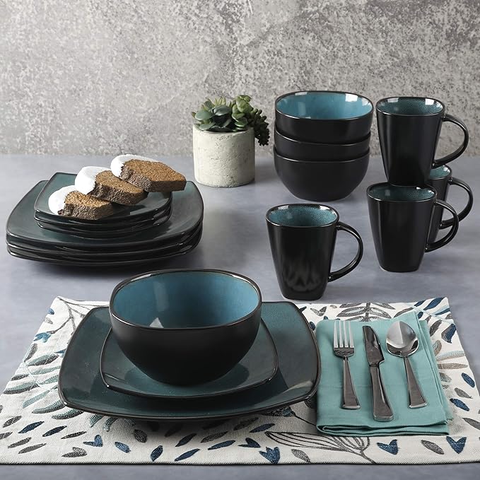 Gibson Elite Soho Lounge 16-Piece Reactive Glaze Dinnerware Set ??Teal and Black Tutone Stoneware Plates and Bowls
