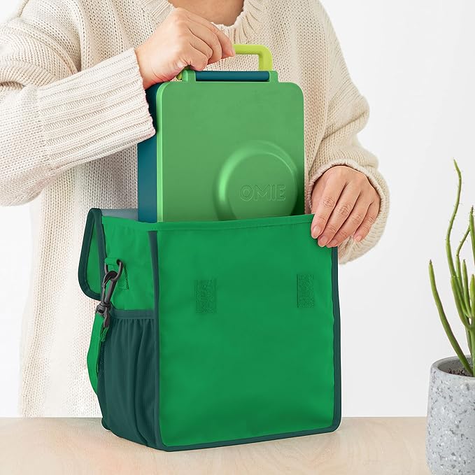 Omie OmieBox Lunch Bag - Washable, Foldable, Durable, WaterResistant Fabric with Interior Pocket and External Bottle Holder (Green)