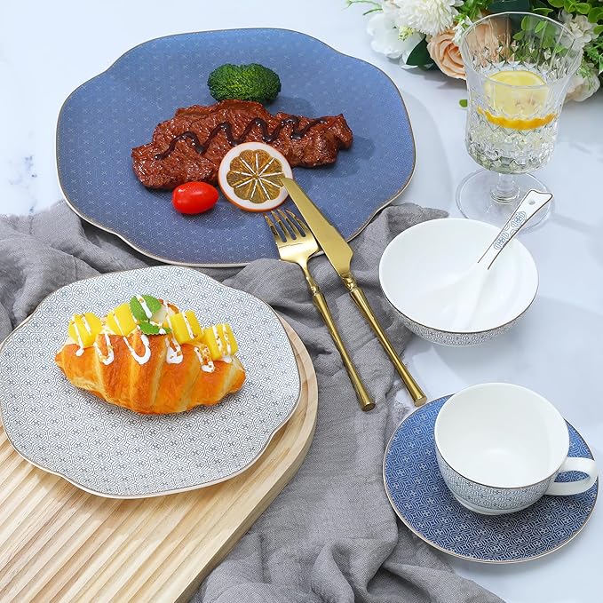 Blue 24 Piece Porcelain Dinnerware Set,Bone china for 4, Plates and Bowls Sets With Grid pattern, Highly Chip and Crack Resistant | Dishwasher Safe Dishes Set (Deep Blue + Grid)