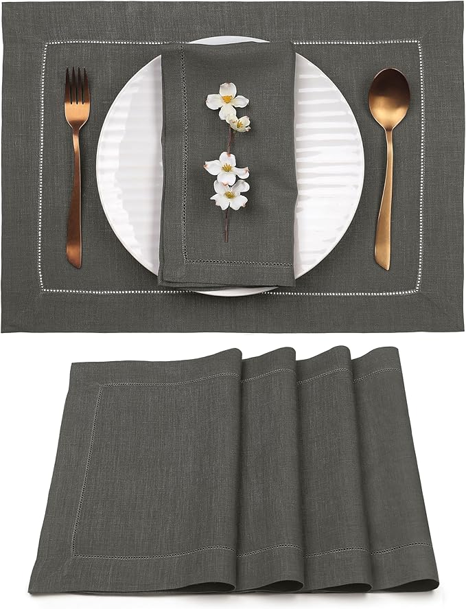 D'Moksha Homes Linen Placemats Set of 4 - Classic Hemstitch Charcoal Grey Placemats 14 x 19 Inch - 100% Pure Linen Table Mats for Spring, Easter - Handcrafted and Machine Washable