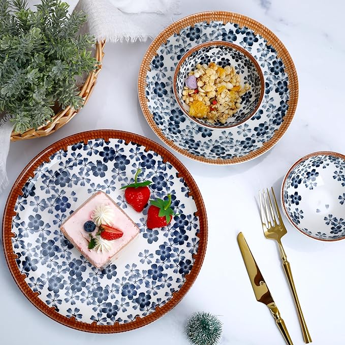12-Piece Cherry Blossom Dinnerware Set, Japanese Sakura Porcelain Plates & Bowls, Service for 4, Microwave and Dishwasher Safe