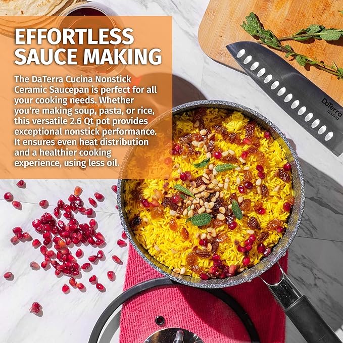 DaTerra Cucina - 2.6 Qt Nonstick Ceramic Saucepan with Lid ??Induction Compatible Cooking Pot, Nonstick Ceramic Sauce Pan for Soup, Pasta, Milk, and More, Medium Size for Kitchen, Oven Safe