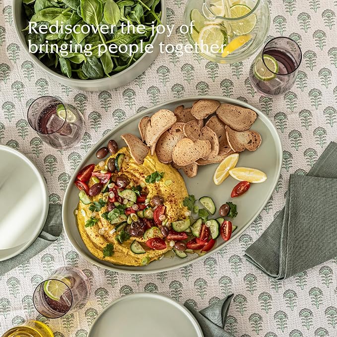 Over&Back Stackable Stoneware Serving Platter - Elegant 1-Piece Oval Serving Platter to Complete Your Kitchen Set - Perfect for Appetizers, Desserts, and More - 16" L x 11" W - Semi-Matte Sage