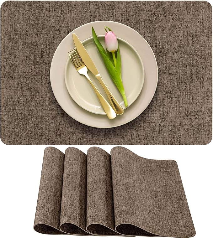 More D챕cor Faux Leather Placemats Set of 4 for Dining Table ??Waterproof, Wipeable, Washable, Stain & Heat Resistant, Non-Slip Table Mats ??12 X 17 Inch, Brown