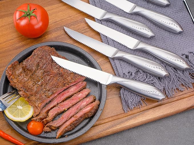 WELLSTAR Serrated Steak Knife Set of 6, Razor Sharp German Steel Blade 4.75 inch and Comfortable Stainless Steel Hollow Handle Durable Diner Table Knives Pack for Home Restaurant