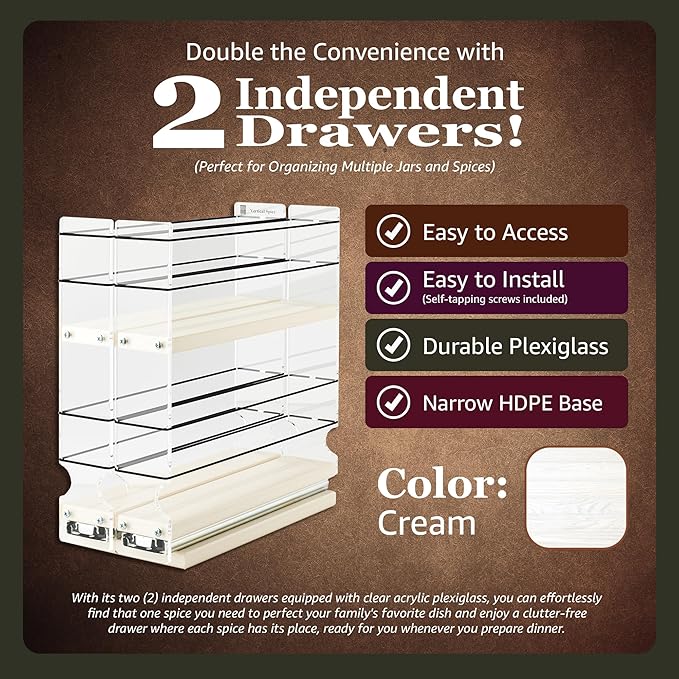 Vertical Spice - Narrow Pullout Spice Rack - Sliding Drawer for Kitchen Organization - Pantry Organizers and Storage - 2 Drawers & 2 Tiers - 10 Spice Jar Capacity (4.6" W x 9.25" H x 10.6", Cream)
