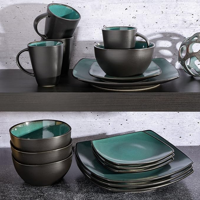 Gibson Elite Soho Lounge 16-Piece Reactive Glaze Dinnerware Set ??Teal and Black Tutone Stoneware Plates and Bowls