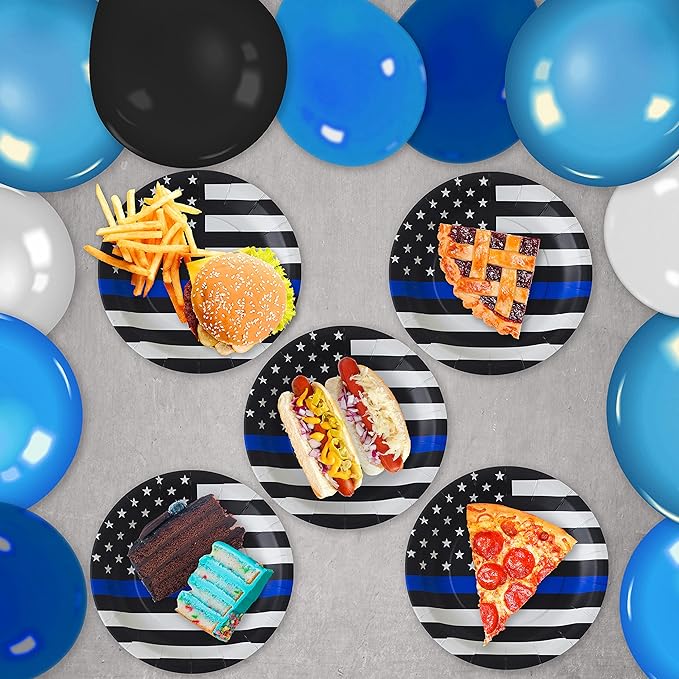 Havercamp Police-Thin Blue Line Lg. 9??Plates (24 Pcs.) in the Official Thin Blue Line Flag Pattern. 24 paper dinner plates