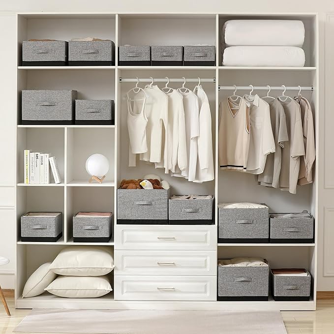 linen closet organizers and storage, 3 Pack Large Storage Baskets, Washable, Clothing Storage Bins with Handle, Closet Organizer for Storage Sweater,Sheets (gray black, 16"x9쩍"x6쩐")