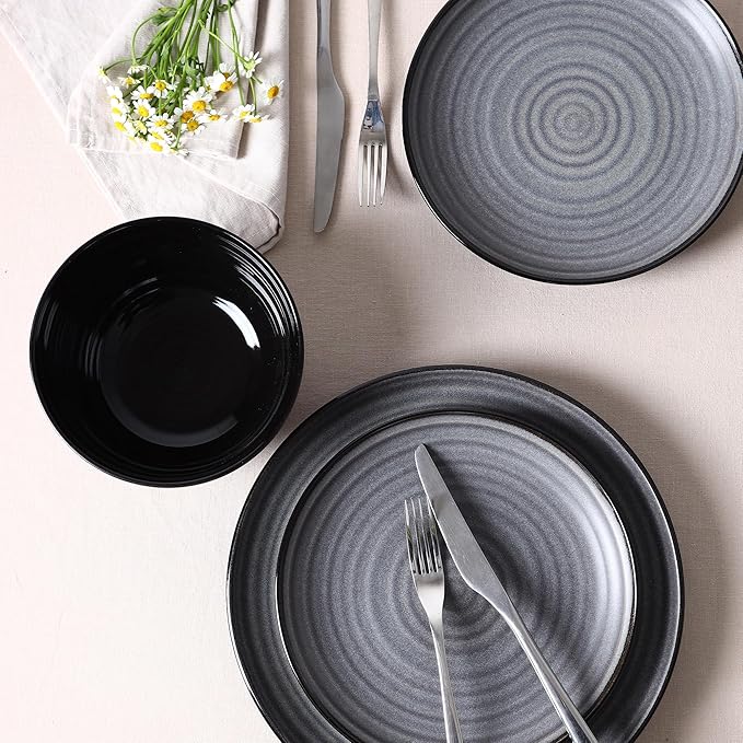 Stone Lain Dua 12-Piece Dinnerware - Stoneware, Plate and Bowls, Dishwasher and Microwave Safe, Dish Set for 4, Black