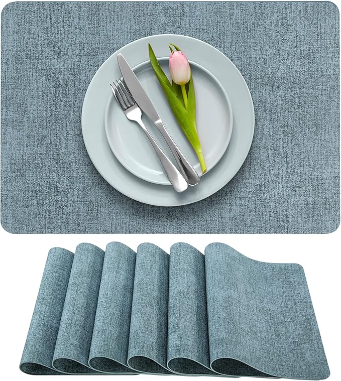More D챕cor Faux Leather Placemats Set of 6 for Dining Table ??Waterproof, Wipeable, Washable, Stain & Heat Resistant, Non-Slip Table Mats ??12 X 17 Inch, Blue