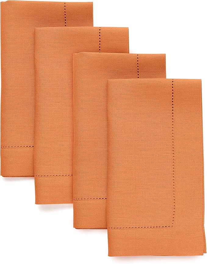 Solino Home Linen Napkins Set of 4 - Classic Hemstitch 100% Pure Linen Pumpkin Dinner Napkins Cloth 20 x 20 Inch - Handcrafted and Machine Washable