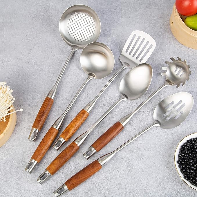 18/10 Stainless Steel Kitchen Utensils Set with Wood Handle - 15??Long Metal Cooking Tools - Serving Solid/Slotted Spoon, Tunner, Skimmer, Soup Ladle, Spaghetti Spoon, Large Spoons Set of 6