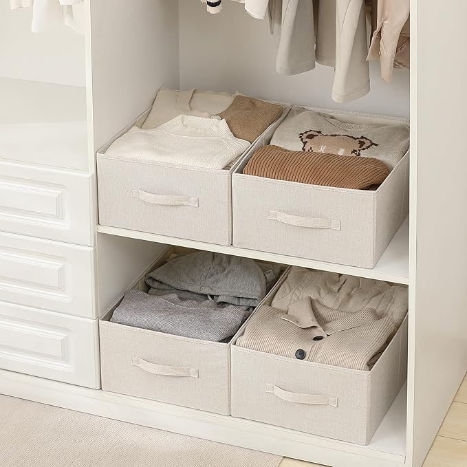 Linen Folding Storage Bins, 3 Pack Large Storage Baskets, Washable, Clothing Storage Bins with Handle, Closet Organizer for Storage Sweater,Sheets(Beige, 18쩍"x13쩍"x8쩍")