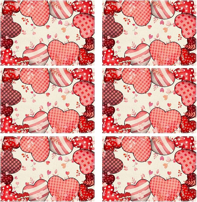XCHI Love Hearts Valentine's Day Placemats Set of 6 Table Mats for Party Home Kitchen Dining Table Decorations 12x18 Inch