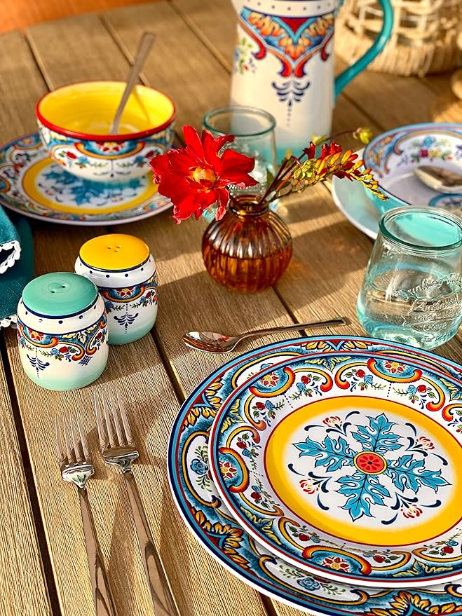 Euro Ceramica Zanzibar Double Bowl 16-Piece Dinnerware Set | Fine Kitchenware | Floral Multicolor Design Stoneware Tableware Service For 4