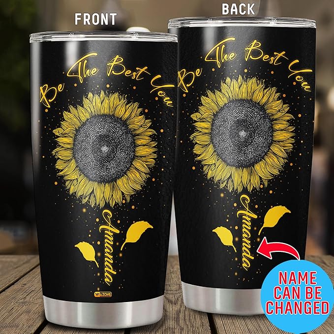 WAZONE Personalized Sunflower Tumbler Cup 20 30oz Customized Name Be The Best You Travel Mug Birthday Christmas Ideas Gifts For Friend Mom Daughter Double Wall Vacuum Insulated Tumbler