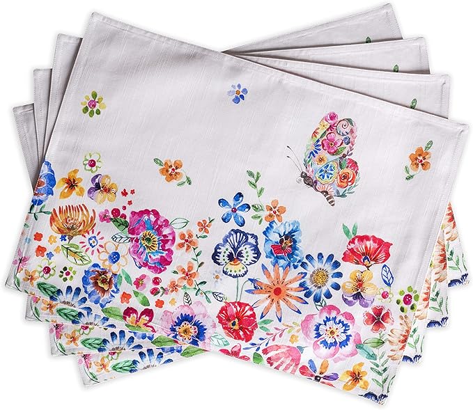 Maison d' Hermine Placemats Set of 4 100% Cotton Washable Cloth Place Mats, Reusable Table Mats for Kitchen Dining Decoration, Party, Restaurant Spring/Summer (Happy Florals - High Summer, 13" x 19")
