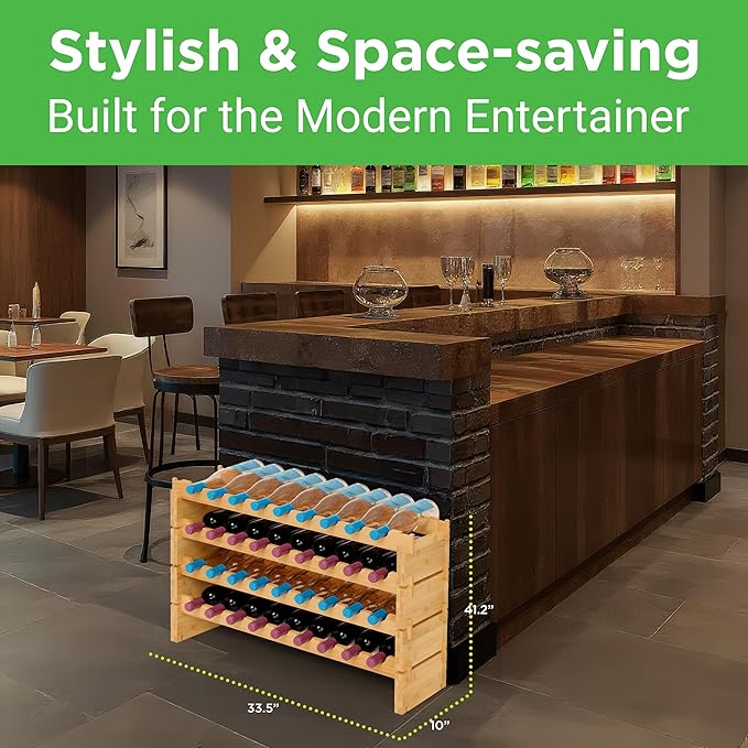 NutriChef 36 Bottle Wine Rack Stackable Bamboo Freestanding, 4-Tier Modular Shelf, Sturdy Wobble Free, Upgraded 2026 Design, Easy No-Tool Assembly for Kitchen, Cellar or Bar Storage 33.5" x 10" x 21"