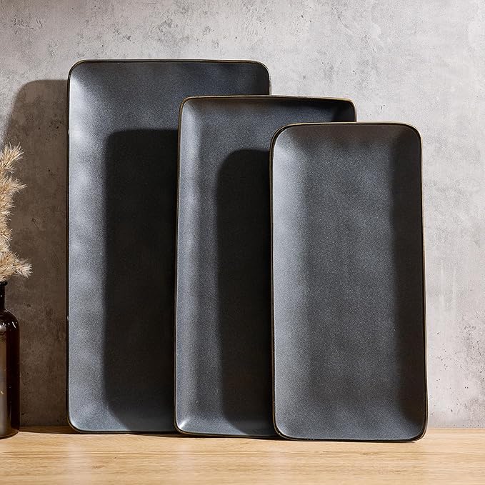 Famiware Serving Platter, Rectangular 15.67/14.1/12.6inch Serving Dishes for Entertaining, Dishwasher Safe, Stoneware Serving Trays for Party, Food, Turkey, Snack, Cheese, Reactive Glaze, Matte Black