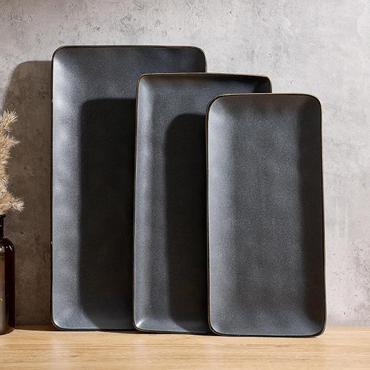 Famiware Serving Platter, Rectangular 15.67/14.1/12.6inch Serving Dishes for Entertaining, Dishwasher Safe, Stoneware Serving Trays for Party, Food, Turkey, Snack, Cheese, Reactive Glaze, Matte Black