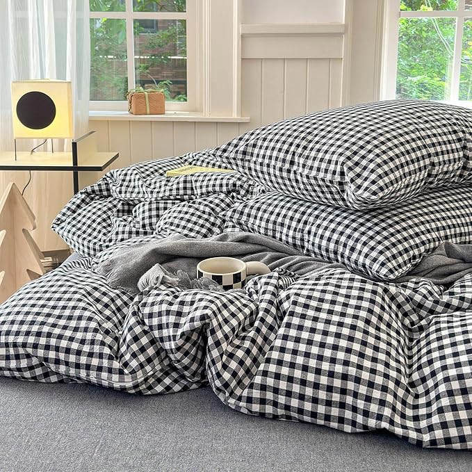 LifeTB Black Gingham Comforter Full Size Boho Plaid Checkered Pattern Comforter Geometric Grid Plaid Printed Bedding Comforter Set with 2 Pillowcases Fluffy Bed Luxury Soft Gingham Bedding Set Full