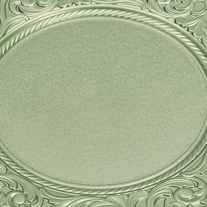 100pcs Green Charger Plates, 13" Round Reusable Decorative Flower Relief Carving Bulk Chargers for Dinner Plates, Wedding, Bridal Shower