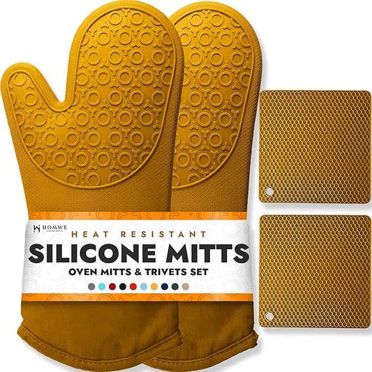 HOMWE Silicone Oven Mitts and Pot Holders, 4-Piece Set, Heavy Duty Cooking Gloves, Kitchen Counter Safe Trivet Mats, Advanced Heat Resistance, Non-Slip Textured Grip (Yellow)