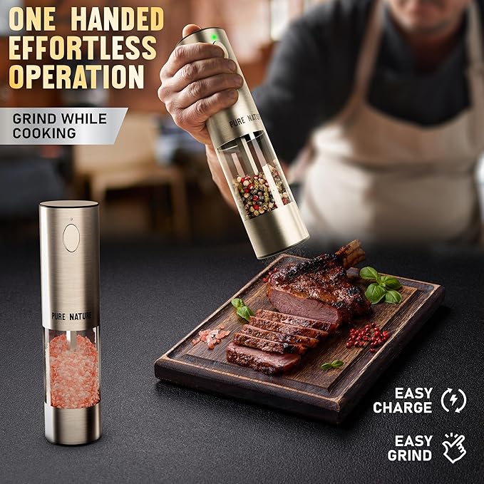 Pure Nature Electric Salt and Pepper Grinder Set with Rechargeable Base ??Stainless Steel, Large Capacity, LED Light, 5 Adjustable Coarseness Levels, Refillable, Type-C Fast Charging